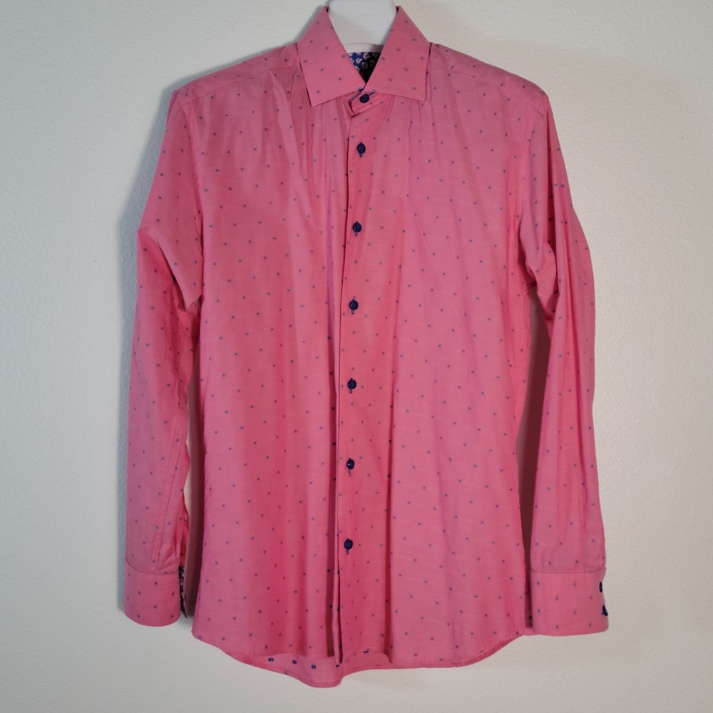 Bertigo Button Up Shirt Small Pink Blue Swiss Dots Floral Flip Cuff Long Sleeve